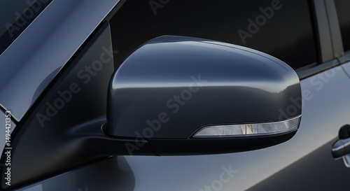 Close up of a dark gray car side mirror with integrated turn signal and door handle visible too