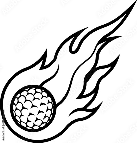 flaming fast golf ball outline line art illustration, coloring book page