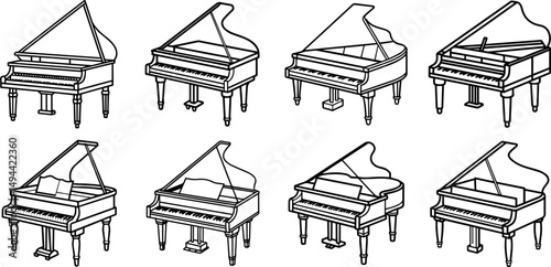 Set of piano outline line art illustration, coloring book page