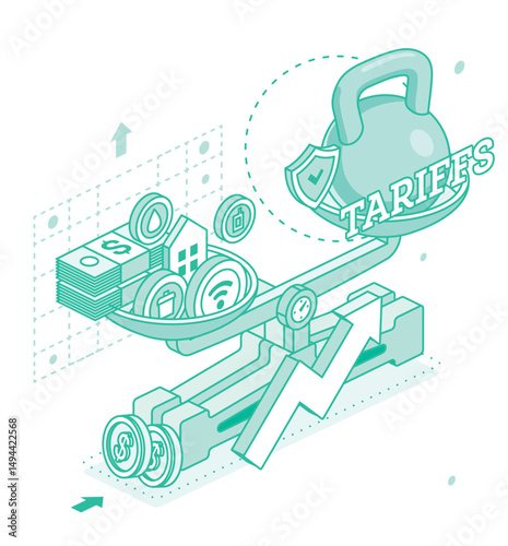The burden of rising utility tariffs. Isometric concept. Illustration. Public utilities icons. A scale tips under the weight of increasing costs for water and internet.