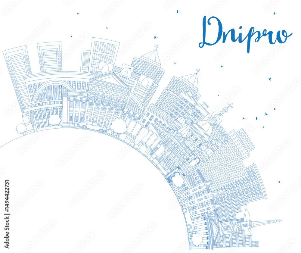 Naklejka premium Outline Dnipro city skyline with blue buildings and copy space. Dnepropetrovsk cityscape with landmarks. Business travel and tourism concept with modern and historic architecture.
