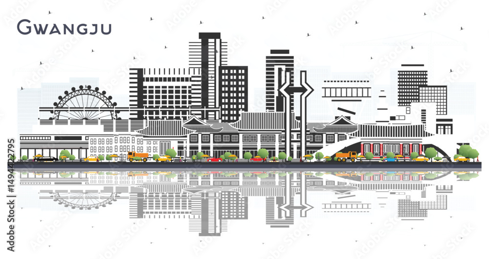 Obraz premium Gwangju South Korea City Skyline with Color Buildings Isolated on White. Illustration. Business Travel and Tourism Concept with Historic and Modern Architecture. Gwangju Cityscape with Landmarks.