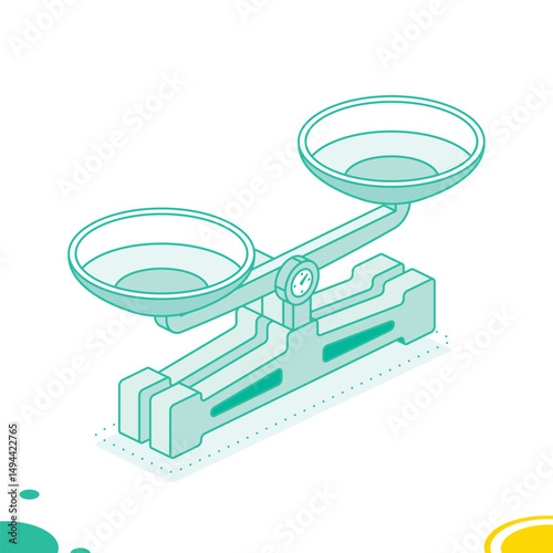Outline balance scales. Isometric icon. Illustration. Vintage laboratory weighing equipment. Green colors.