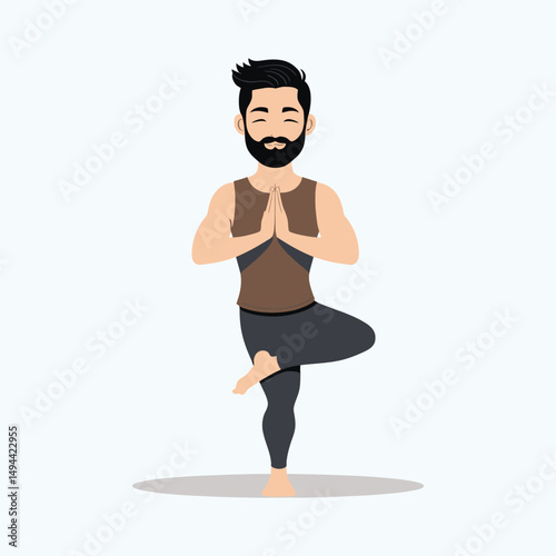 Vector art of Man practicing yoga tree pose isolated on white background