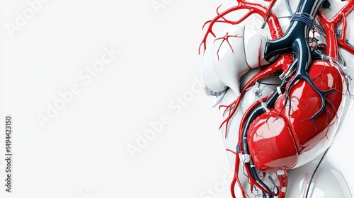A detailed anatomical illustration showcases the human heart and circulatory system with arteries and veins depicted against a clean, white background creating copy space.