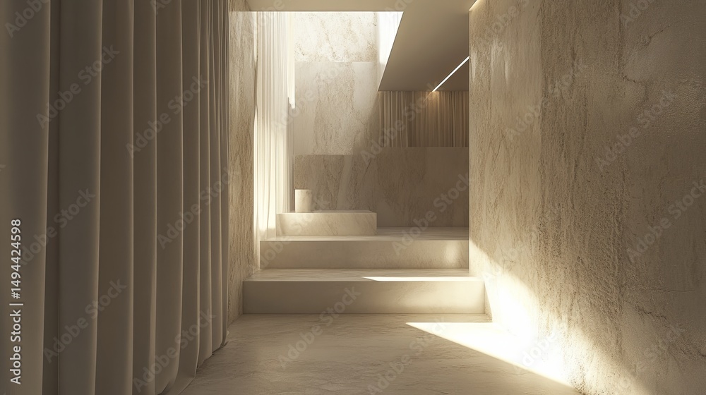 Obraz premium Interior staircase bathed in sunlight, minimal design. Soft tones, marble steps, curtain detail