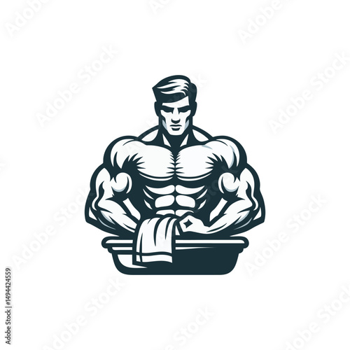 Modern vector design bodybuilder spa scene with muscular man in sauna wellness gym relaxation massage therapy fitness modeling competition power athlete strength sport physique art