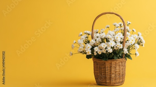 Minimalist Photo of White Flowers in Basket on Yellow Background Wide-Angle Shot with Copy Space