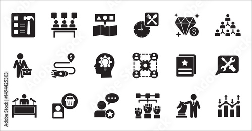 Business company, management flat icon set. Contains symbol of businessman, target, finance, lunchtime, success, hierarchy, data, work, money, employee, task, shop, meeting, job. Vector illustration
