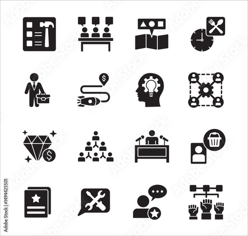 Business management flat icon set. Contains symbol of hierarchy, data, reward, work, money, employee, businessman, target, finance, lunchtime, success, task, shop, meeting, job. Vector illustration