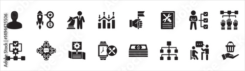 Business management flat icon set. Contains symbol of businessman, target, finance, lunchtime, success, hierarchy, data, reward, work, money, employee, task, shop, meeting, job. Vector illustration