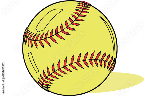 Close-up of a bright yellow softball with red stitching