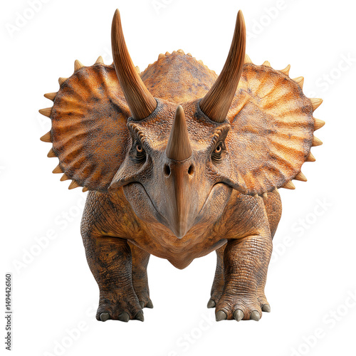 Front view of a realistic brown Triceratops dinosaur against a solid white background, detailed and lifelike prehistoric creature representation, perfect for educational, scientific, and entertainment photo