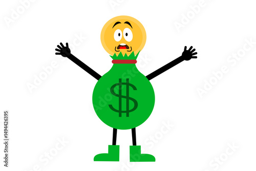money sack character surprised while raising hands