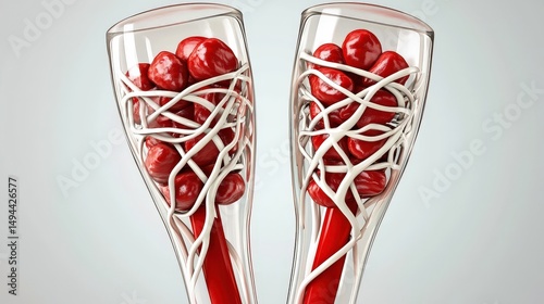 Microscopic view showing blood clots and fibrin threads forming inside a vein, depicting the process of thrombosis and potential vascular blockage effectively.