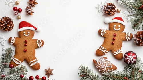 Christmas Gingerbread Cookies with Copy Space on White Background Flat Lay