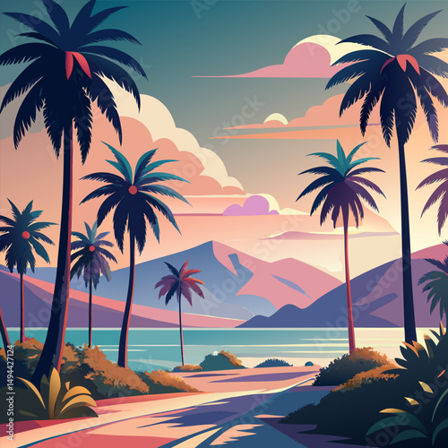 Sunset over Tropical Beach. Coastal Road and Palm Trees
