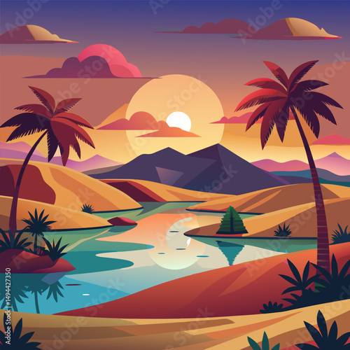 Sunset Oasis. Serene Desert Landscape with Palm Trees and River