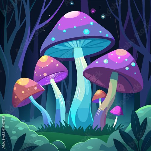 Glowing Mushrooms in Enchanted Forest. A Fantasy Digital Painting