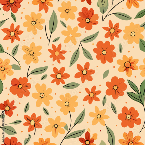 Orange and Yellow Floral Pattern. Seamless Flower Background