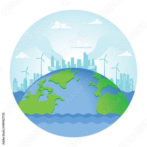 Sustainable Planet with Renewable Wind Energy and City Skyline.