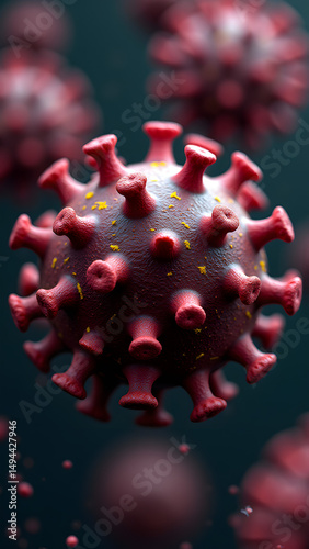 Lobed maroon virus with slimy texture, glowing yellow outline, microscopic horror view, HD medical illustration.