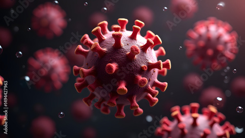 Lobed maroon virus with slimy texture, glowing yellow outline, microscopic horror view, HD medical illustration.