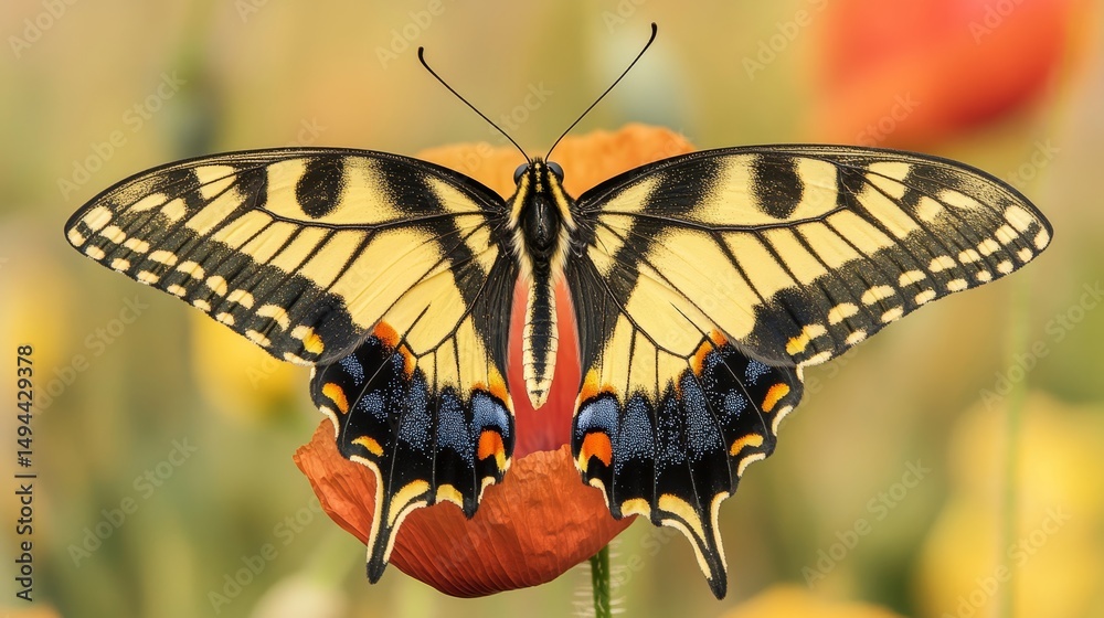 Fototapeta premium Close-Up of Black and Yellow Swallowtail Butterfly on Poppy Blossom Rear View in Natural Habitat