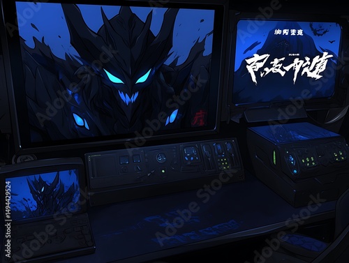 Dark monster on multiple screens in a control room.