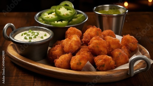 Spicy loaded fries with dipping sauces and jalape?os.