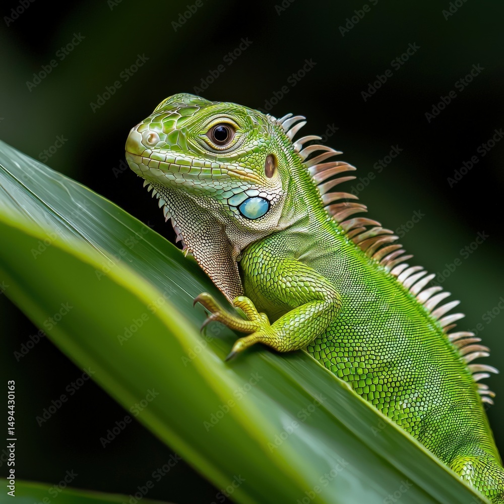 Obraz premium A vibrant green iguana rests peacefully on a large leaf, its textured skin and watchful eye showcasing nature's intricate details in a close-up portrait.