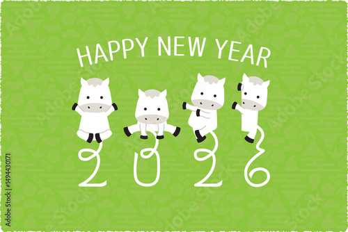 2026年賀状 午4ポーズ　飾り文字しっぽ2026　背景黄緑横　HAPPY NEW YEAR