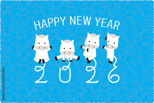 2026年賀状 午4ポーズ　飾り文字しっぽ2026　背景青横　HAPPY NEW YEAR