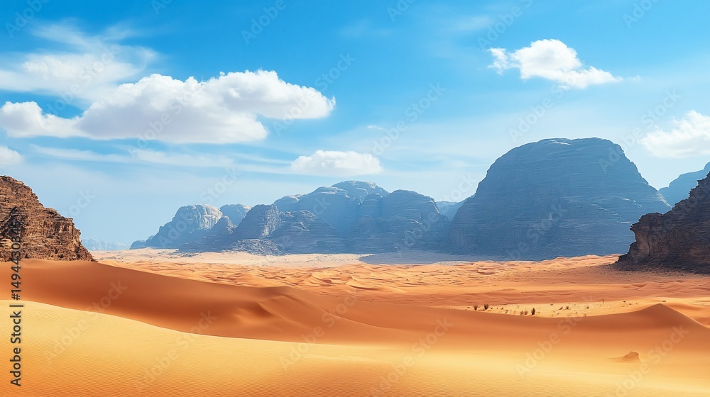 Fototapeta premium Majestic Desert Landscape with Sand Dunes and Distant Mountain Ranges Under a Clear Sky