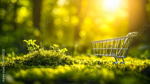 Sustainable Shopping Eco Friendly Cart in Lush Green Forest Nature Environment