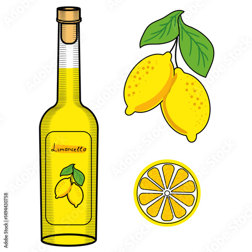 Limoncello bottle and lemons color vector illustration set in sketch style. Citrus yellow fruits and slice traditional italian liqueur. Classic sicilian aperitif clipart for packaging and design.