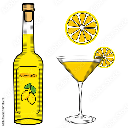 Limoncello bottle and spritz cocktail color vector illustration set in sketch style. Citrus yellow fruits and slice traditional italian liqueur. Classic sicilian aperitif clipart for packaging