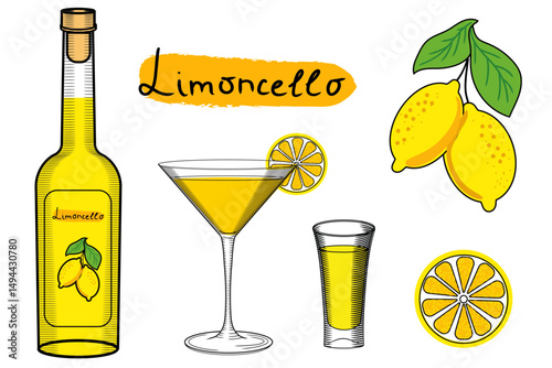 Limoncello bottle and spritz cocktail color vector illustration set in sketch style. Citrus yellow fruits and slice traditional italian liqueur. Classic sicilian shot aperitif clipart for packaging an
