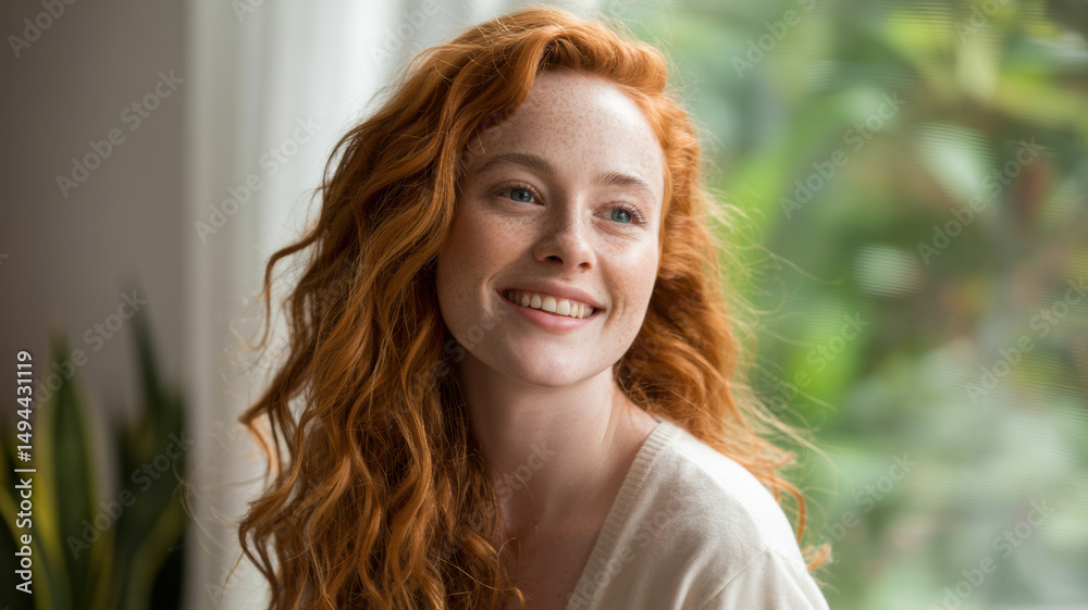 Naklejka premium A smiling redhead girl exudes warmth and joy, capturing a moment of natural beauty and serenity. 
