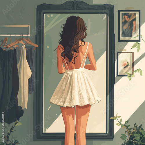 A woman in a white dress is looking at herself in a mirror. The mirror is surrounded by clothes, and there are two pictures on the wall behind the mirror. Scene is one of self-reflection