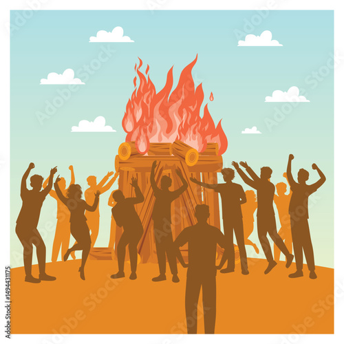 Silhouettes Gather Around a Bonfire Celebration Under a Clear Sky.