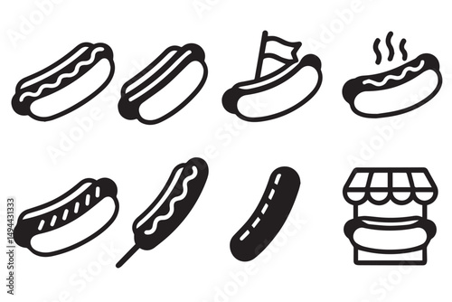 Minimalist and clean icons of hot dog symbols with different variations, showcasing hot dog, condiments, food carts, and more in a line art icon set