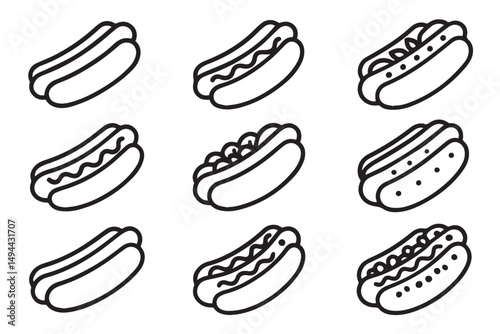 Hot dog icon set featuring different styles of hot dogs, sausages, condiments, and food carts in minimalistic black and white designs suitable for digital graphics in a line art icon set