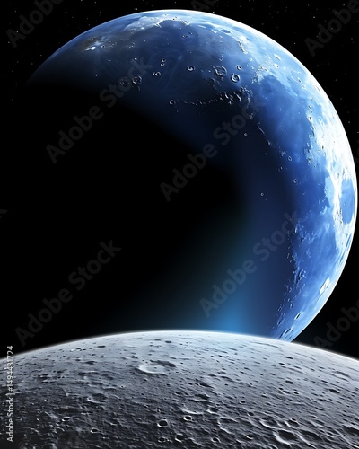 Crescent Earthrise over cratered lunar surface.