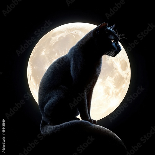 A sleek black cat sits regally silhouetted against the backdrop of a luminous full moon, its gaze fixed on something in the night, creating an eerie glow. photo