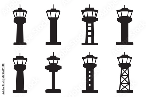 Set of airport control tower icons in black and white, showcasing various designs with modern and classic features for aviation and transportation themes, line art icon set