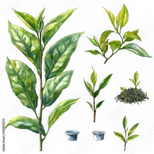 Detailed Botanical Illustration of Tea Plant Parts and Leaves