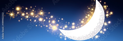 Crescent moon with glowing stars and sparkles.