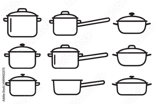 Set of minimalist cooking pots icons in black and white, featuring different types of cookware such as saucepans and stockpots, perfect for kitchen and culinary designs, line art icon set