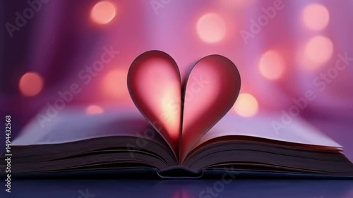 An open book's pages form a red heart shape, a romantic symbol of love for literature and reading